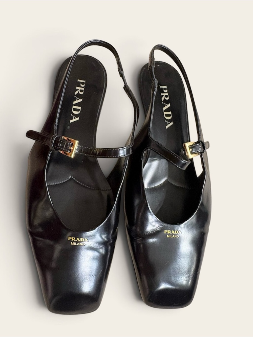Prada Black Patent Leather Ballerina Slingback Pumps, Size 37.5 EU